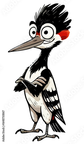 Funny woodpecker character. Forest cartoon bird in thinking, waiting pose. Vector hand-drawn, sketch style graphic illustration. Close-up red crest woodpecker art drawing