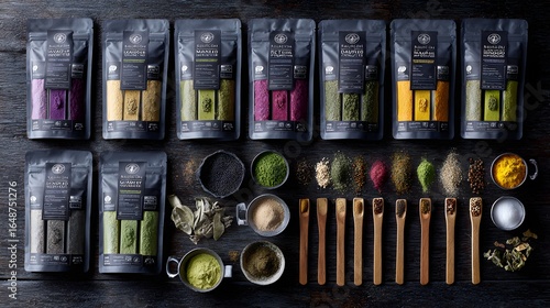 Fototapeta Naklejka Na Ścianę i Meble -  Variety of colorful spice blends in dark gray packaging.