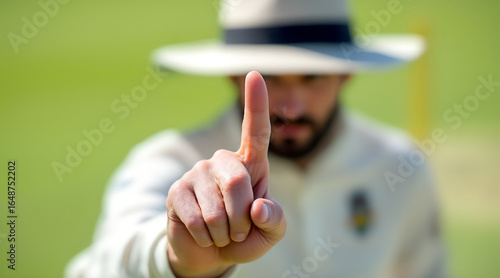 Cricket Umpire Signaling Out, Hand Raised on Green Field