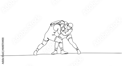 Two wrestlers in a hold during a match in a minimalist style  