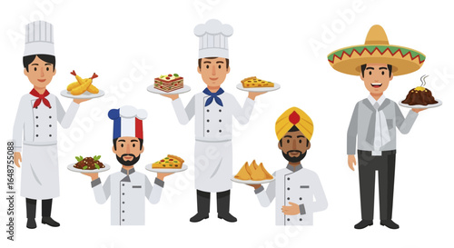Diverse chefs presenting international cuisine tempura lasagna pizza samosas mole.