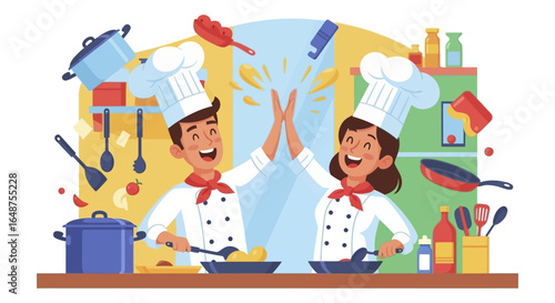 Happy Chefs HighFiving in a Busy Kitchen.