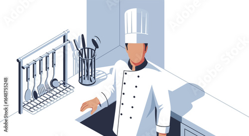 Isometric chef in white uniform with kitchen utensils and cooking tools.