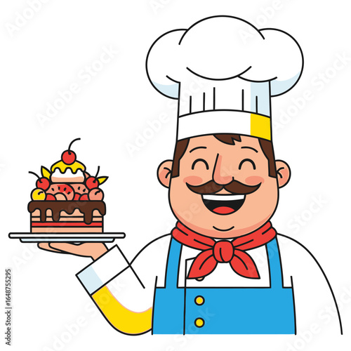 Joyful Chef Presenting a Delicious MultiLayered Fruit Cake.