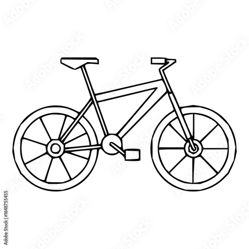 Simple line drawing of a bicycle with two wheels seat handlebars and pedals in black and white style