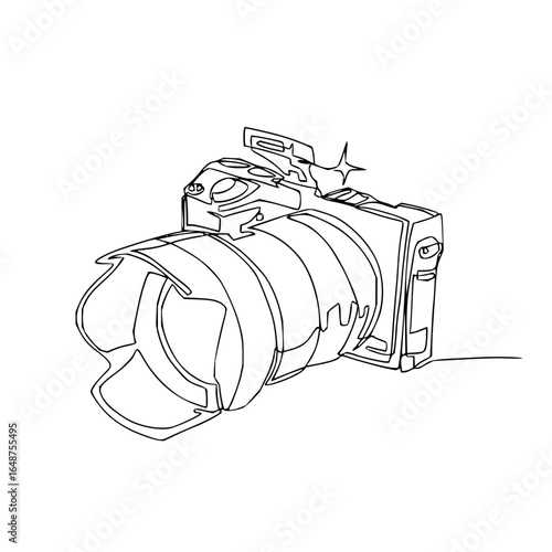 A continuous line drawing of a digital single lens reflex camera with a lens hood and external flash unit