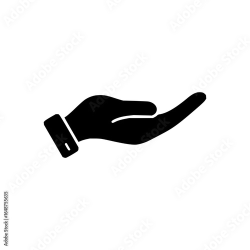 Silhouette of an outstretched hand with a cuff on the wrist offering or requesting something in black