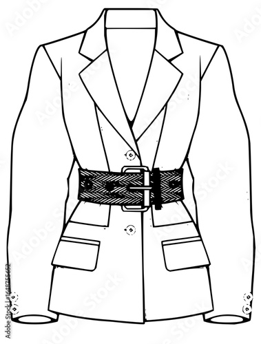 Illustration of a belted blazer with pockets and button details in a fashion design sketch style