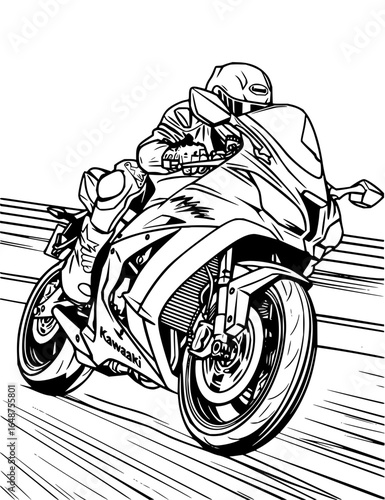 A black and white line drawing of a kawasaki motorcycle with a rider in full gear speeding on the road