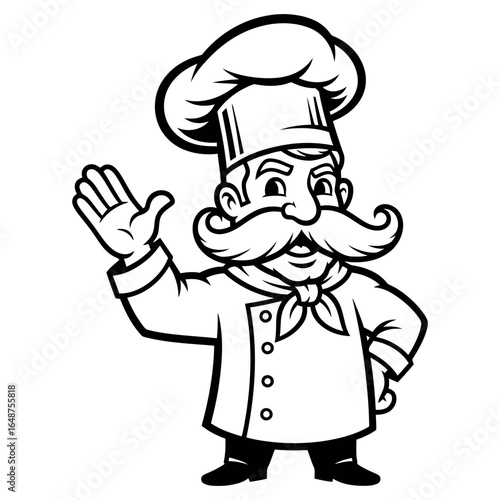 Cartoon Chef with Waving Hand Large Moustache and Traditional Chefs Hat.