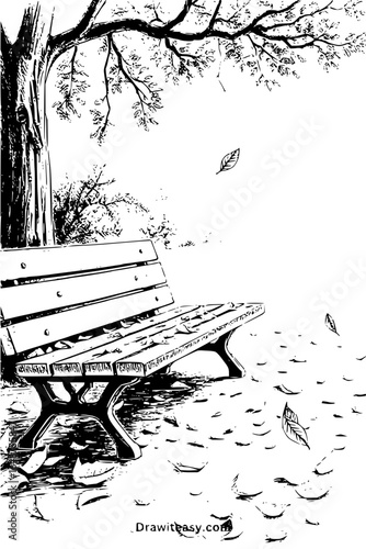 Illustration of a park bench under a tree with fallen leaves in a monochrome sketch style scene