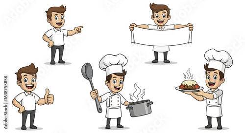 Cartoon man in various poses including chef with food and blank banner.