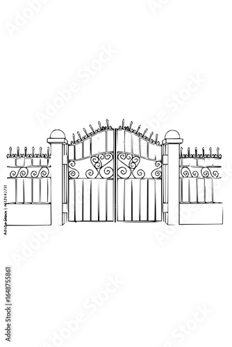 Illustration of an ornate metal gate with decorative swirls and vertical bars in a black and white style