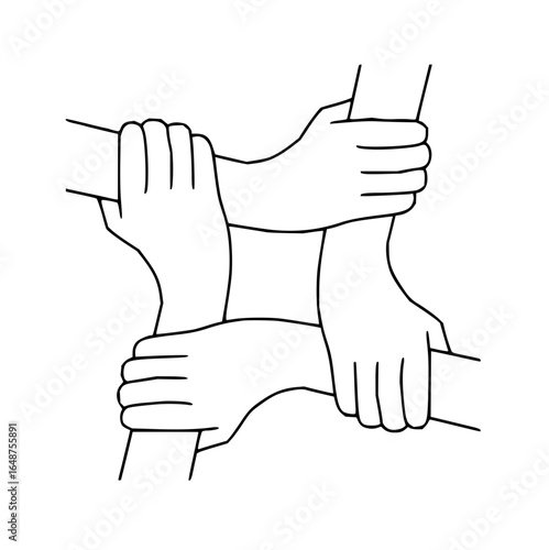 Illustration of four arms linked together forming a square shape in a display of unity and teamwork concept