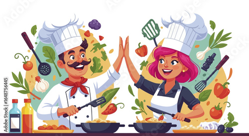 Cheerful Chefs HighFiving Amidst Culinary Ingredients and Cooking Utensils.