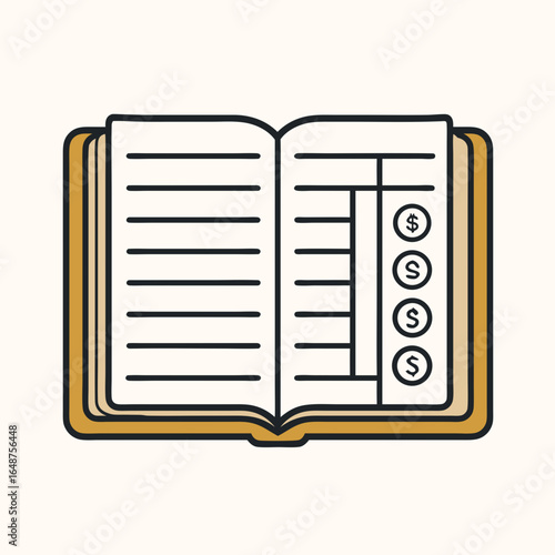 An open book with a financial chart and dollar signs on a white background
