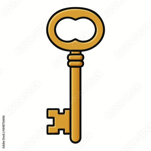 Golden key icon with heart shaped hole on white background