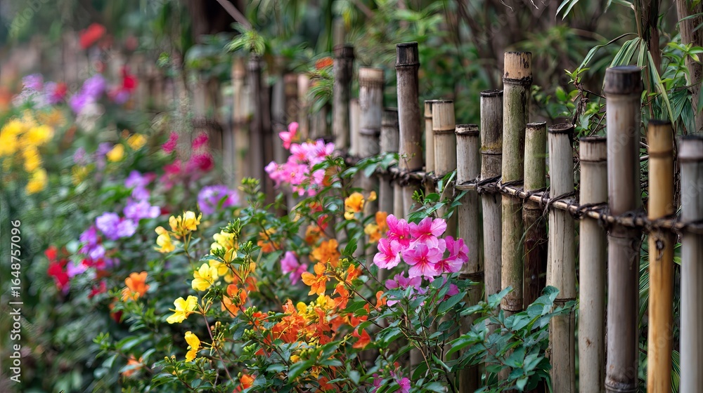 Obraz premium A vibrant display of colorful flowers blooming beside a rustic bamboo fence, creating a serene garden atmosphere.