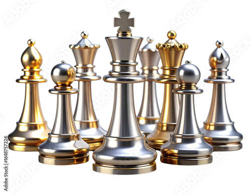 Angled Side View of 3D Chess Pieces in Mid-Game Position with Emphasis on Strategy, Isolated