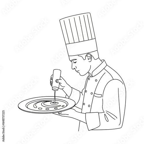 Chef in Profile Pouring Sauce onto a Decorative Plate.