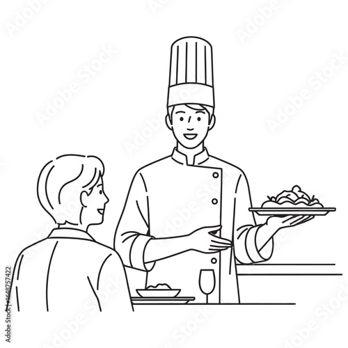 Chef Serving a Delicious Meal to a Guest in a Simple Line Art Style.