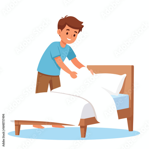 A young man making a bed with white sheets and a wooden frame, smiling.