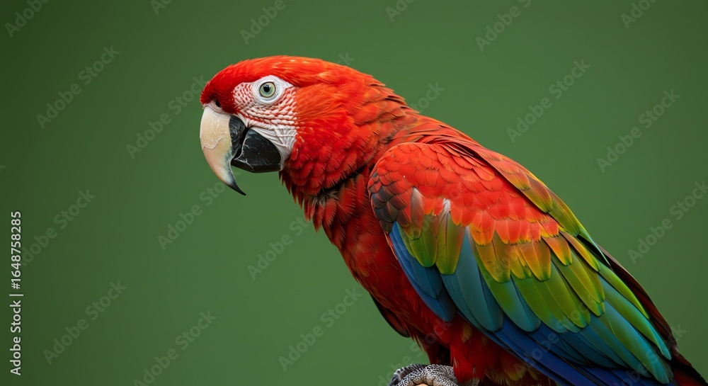 Fototapeta premium Red macaw parrot portrait against green background