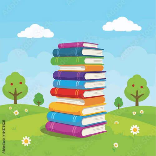 Bright and colorful 2D vector illustration of a tall stack of books placed in a scenic outdoor setting with green hills, trees, clouds, and blooming flowers