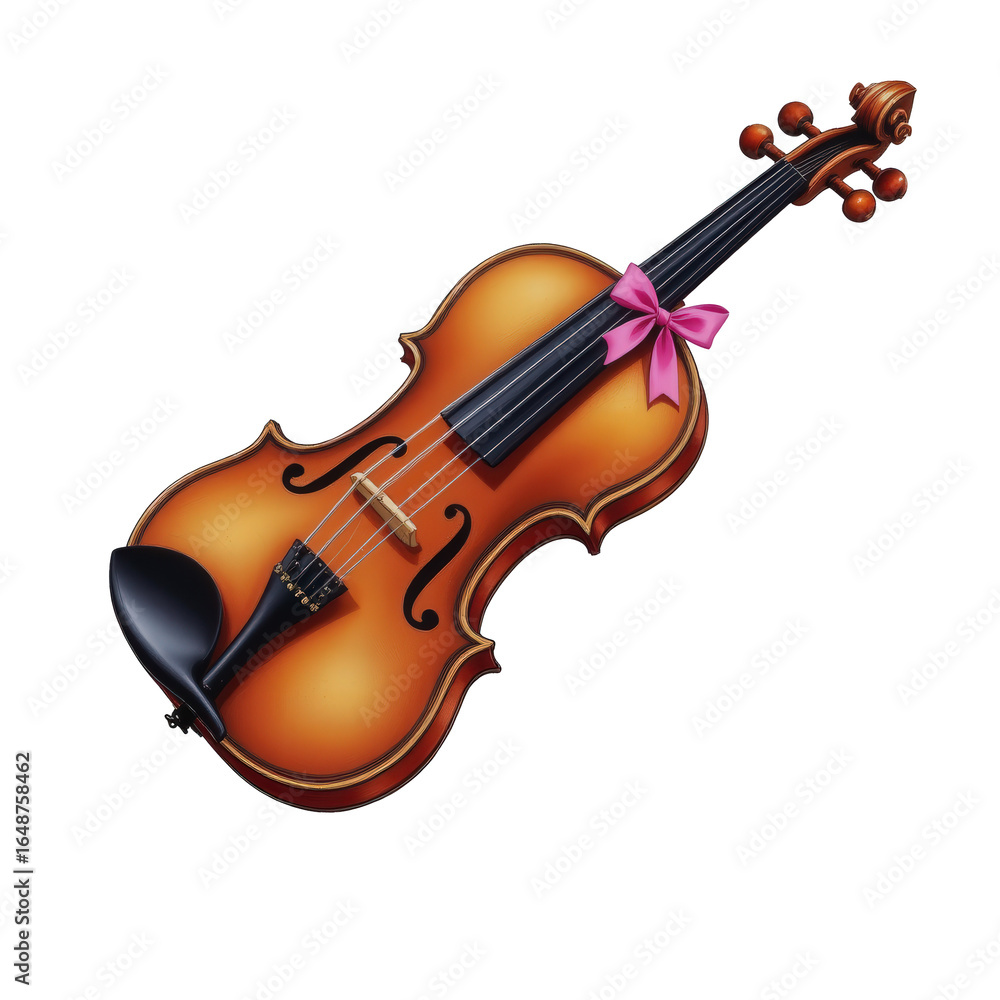 Fototapeta premium Elegant violin with bow and pink ribbon on a transparent background