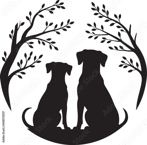 Loyal dogs sit serenely under stylized trees, a peaceful scene