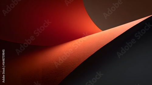 Abstract composition of overlapping textured sheets in orange and black.