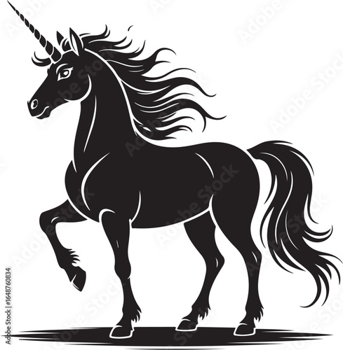 Majestic black unicorn prancing with flowing mane and tail