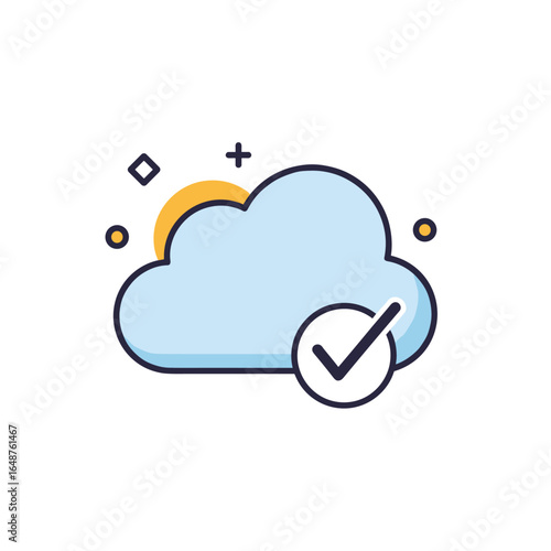 Modern digital cloud computing service with sun and checkmark icon for data management and digitalization