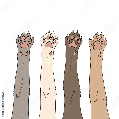 Four adorable furry paws reach up towards the sky with playful little toe beans showing off their cute pink pads a delightful display of feline affection and happiness