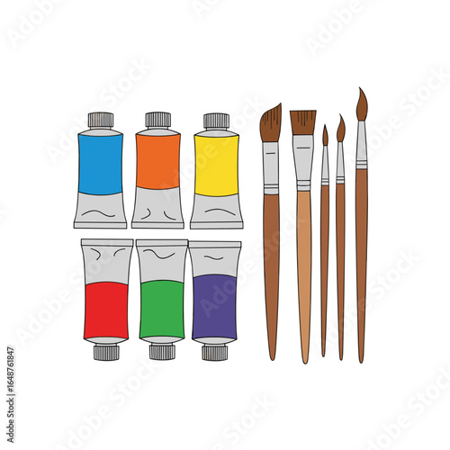 Collection of vividly colored paint tubes and assorted brushes for artistic creation and hobby painting supplies