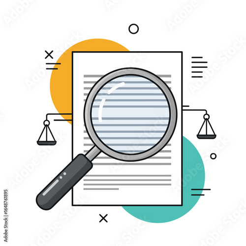 Examining legal documents through a magnifying glass with scales of justice
