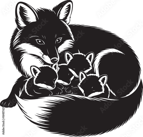Adorable fox family cuddling together in protective warmth