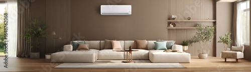 Modern living room interior design with beige sofa and accent pieces.