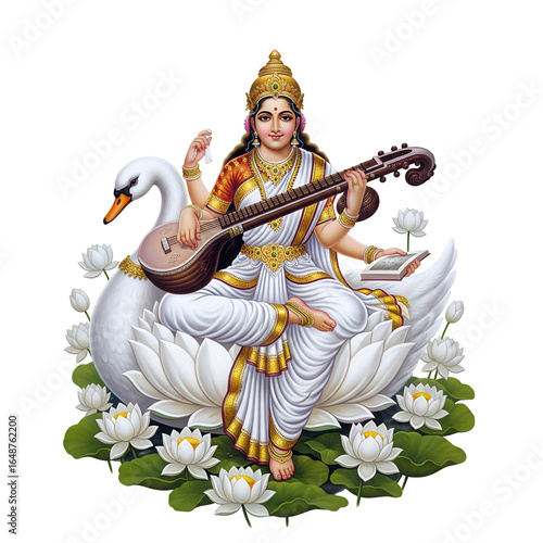 Goddess Saraswati holding a veena, seated on a white swan, isolated on a clean white background. Suitable for educational posters, cultural projects, and Vasant Panchami artwork