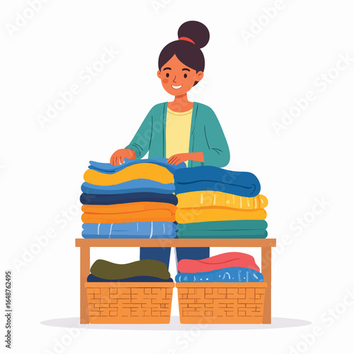 A woman neatly stacks colorful laundry on a table with baskets, showcasing organization and household chores.