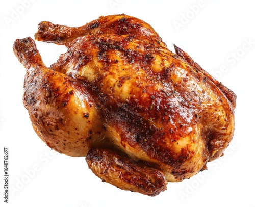 Roasted whole chicken, golden brown, seasoned, isolated