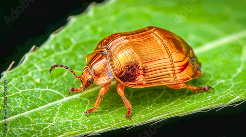 A striking macro photograph captures a metallic copper beetle with intricate details, resting on a vibrant green leaf, its segmented body shimmering.