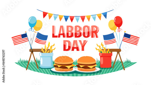 Celebrate labor day with burgers, fries, american flags and balloons for a festive picnic day party