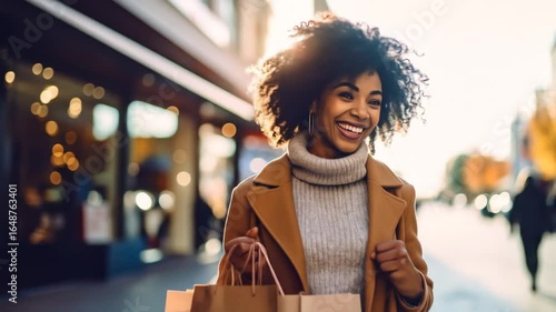 Joyful shopper in city