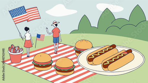 Celebrating independence day with a picnic featuring burgers hotdogs and american flags on a summer day