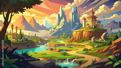 Golden sunlight pours over a fantasy grand kingdom, nestled within untamed wilderness, where towering castles rise above misty valleys, and emerald forests whisper ancient tales beneath the glowing ho