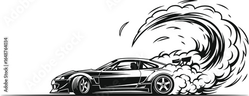 A highperformance sports car creates a dramatic burnout with billowing smoke isolated on white background