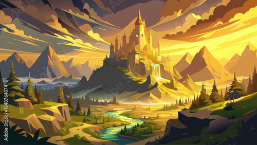 Golden sunlight pours over a fantasy grand kingdom, nestled within untamed wilderness, where towering castles rise above misty valleys, and emerald forests whisper ancient tales beneath the glowing ho