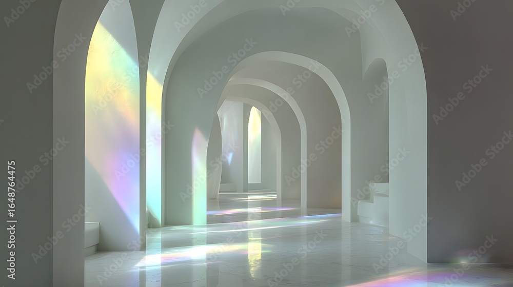 Fototapeta premium A hallway with arched ceilings and iridescent stained glass.