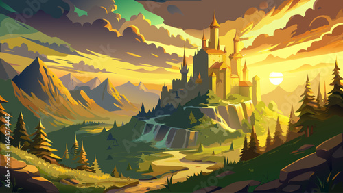 Golden sunlight pours over a fantasy grand kingdom, nestled within untamed wilderness, where towering castles rise above misty valleys, and emerald forests whisper ancient tales beneath the glowing ho